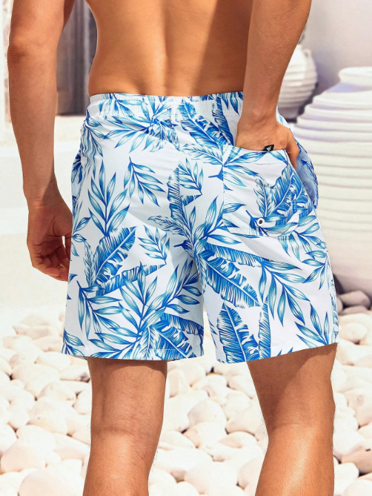 Manfinity Swimmode Men Tropical Print Letter Patched Detail Drawstring Waist Swim Trunks