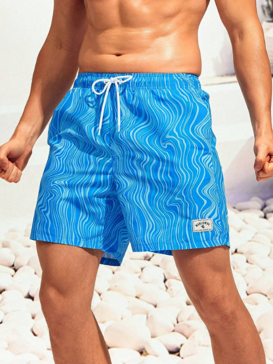 Manfinity Swimmode Men Wave Striped Patched Detail Drawstring Waist Swim Trunks