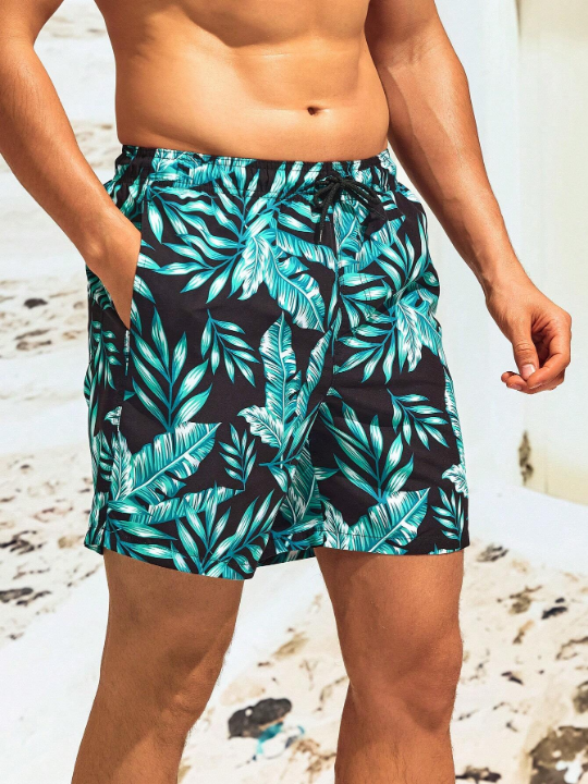 Manfinity Swimmode Men Tropical Print Letter Patched Detail Drawstring Waist Swim Trunks