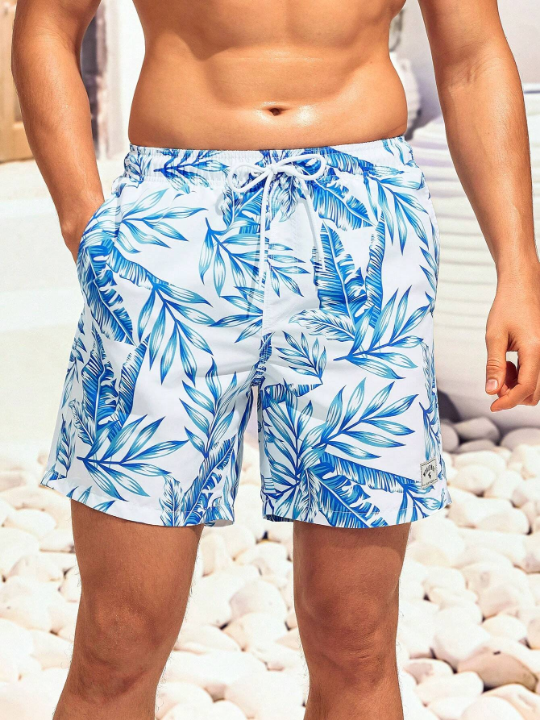 Manfinity Swimmode Men Tropical Print Letter Patched Detail Drawstring Waist Swim Trunks