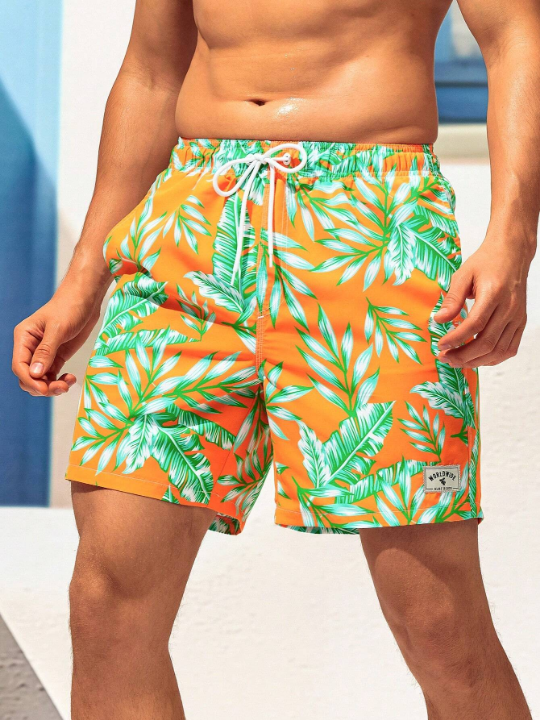 Manfinity Swimmode Men Tropical Print Letter Patched Detail Drawstring Waist Swim Trunks