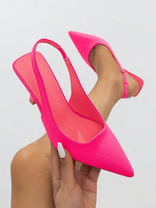 Funky Neon-pink Pumps For Women, Point Toe Pyramid Heeled Slingback Pumps