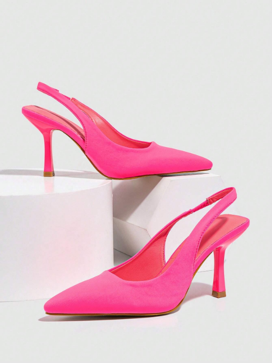 Funky Neon-pink Pumps For Women, Point Toe Pyramid Heeled Slingback Pumps