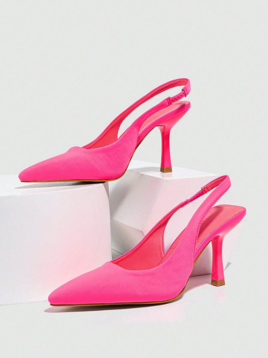 Funky Neon-pink Pumps For Women, Point Toe Pyramid Heeled Slingback Pumps