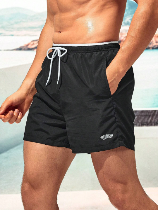 Manfinity Swimmode Men Letter Graphic Drawstring Waist Swim Shorts