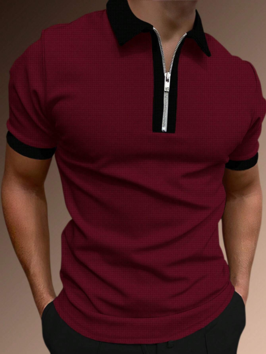 Manfinity Homme Men Contrast Trim Quarter Zip Contrast Collar Polo Shirt