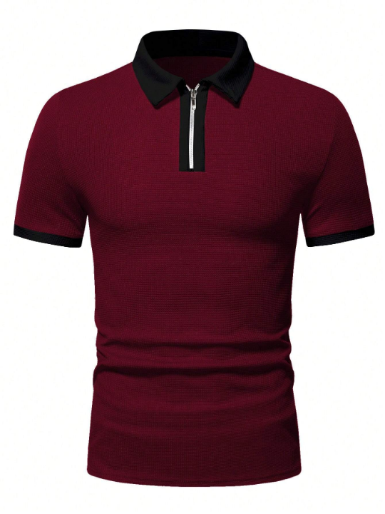 Manfinity Homme Men Contrast Trim Quarter Zip Contrast Collar Polo Shirt