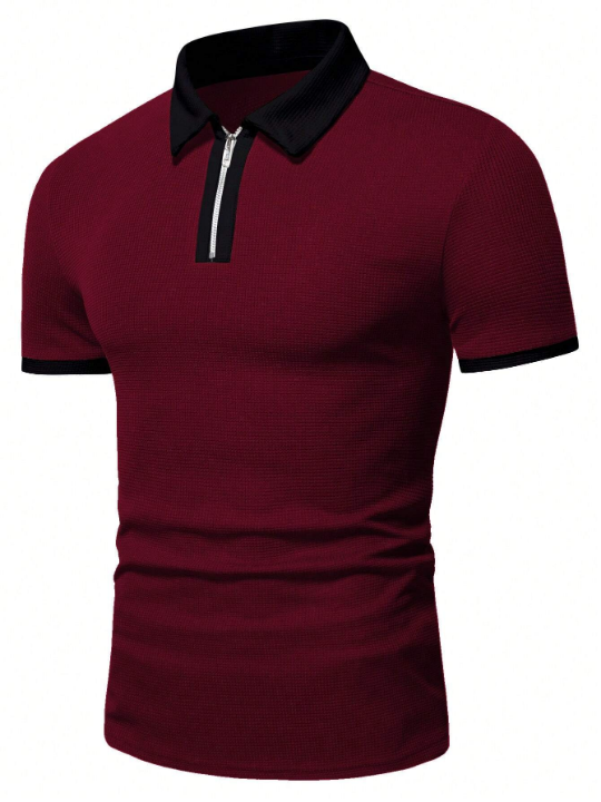 Manfinity Homme Men Contrast Trim Quarter Zip Contrast Collar Polo Shirt