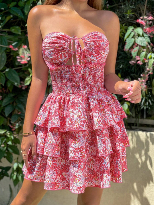 WYWH Floral Print Cut Out Shirred Backless Layer Hem Halter Dress