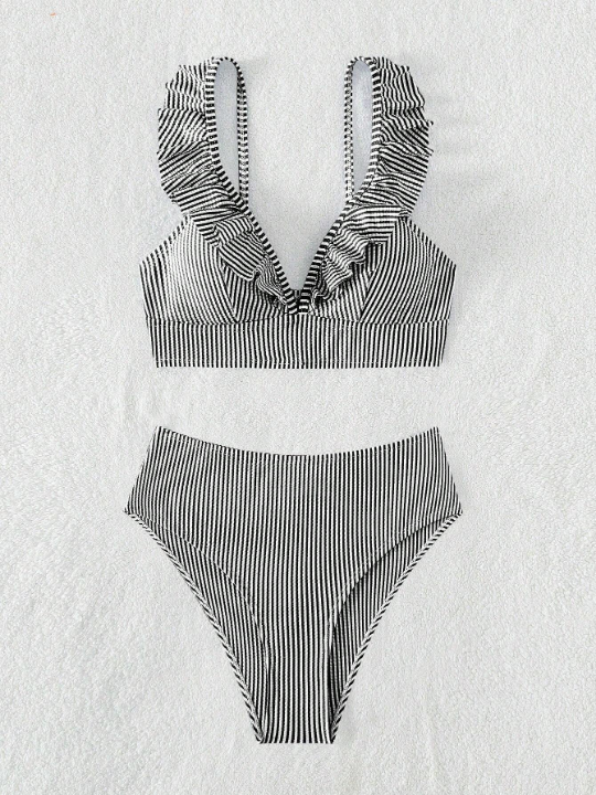 Striped Ruffle Trim Bikini Swimsuit