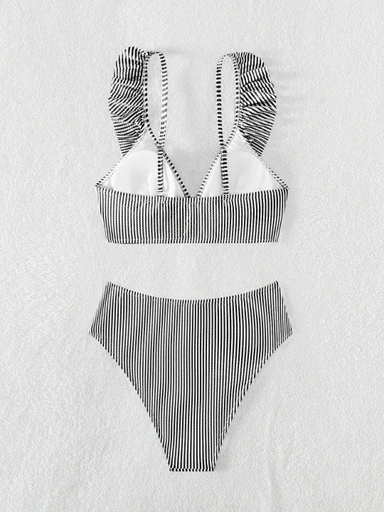 Striped Ruffle Trim Bikini Swimsuit