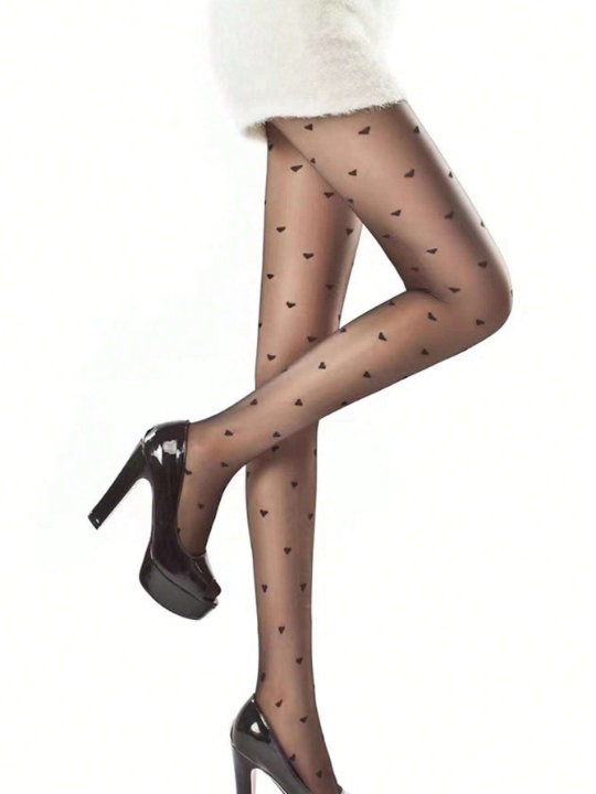 1pair Women Heart Print Casual Tights For Spring And Summer