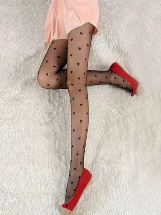 1pair Women Heart Print Casual Tights For Spring And Summer