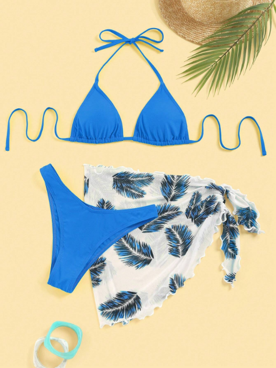 Swim Vcay Halter Triangle Bikini Swimsuit With Tropical Print Beach Skirt