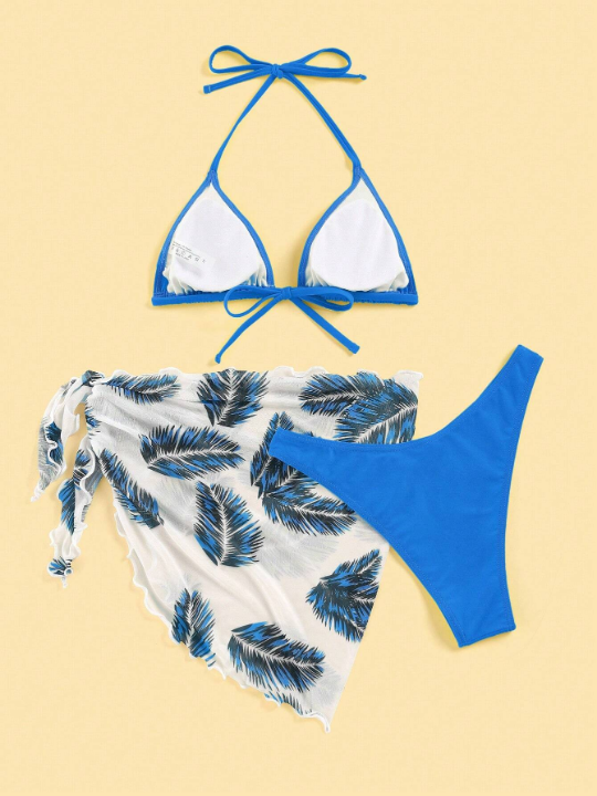 Swim Vcay Halter Triangle Bikini Swimsuit With Tropical Print Beach Skirt