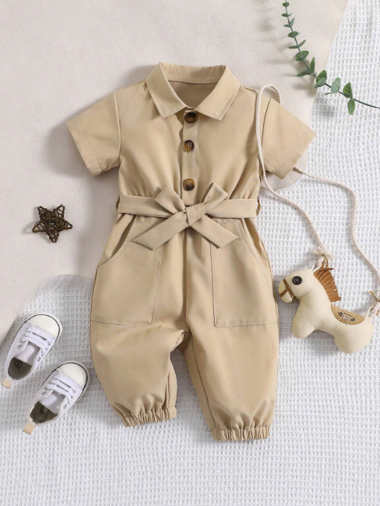 Baby Girl Button Front Belted Shirt Jumpsuit