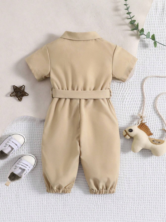 Baby Girl Button Front Belted Shirt Jumpsuit