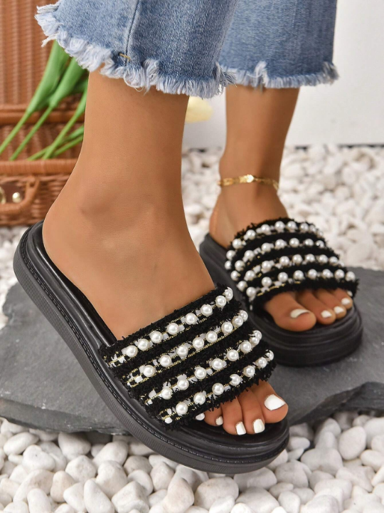 Women Faux Pearl Decor Flatform Sandals, Fashion Fabric Wedge Slide Sandals