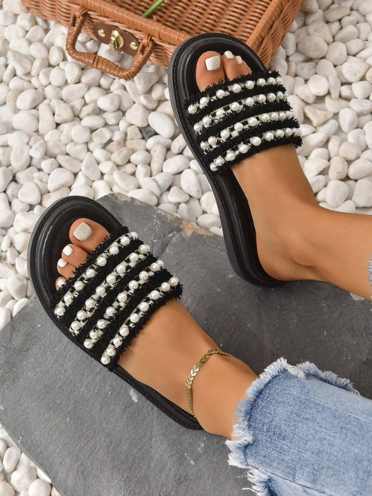 Women Faux Pearl Decor Flatform Sandals, Fashion Fabric Wedge Slide Sandals