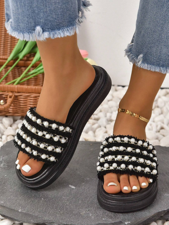 Women Faux Pearl Decor Flatform Sandals, Fashion Fabric Wedge Slide Sandals