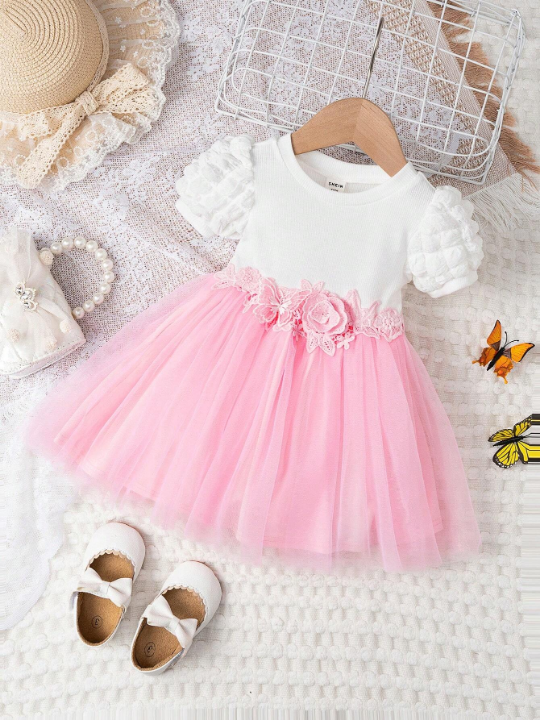 Baby Girl Two Tone Appliques Puff Sleeve Mesh Hem Dress