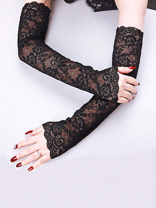 1 Pair Fashionable Women's Simple Long Ice Silk Lace Arm Sleeves For Sun Protection And Breathability In Summer