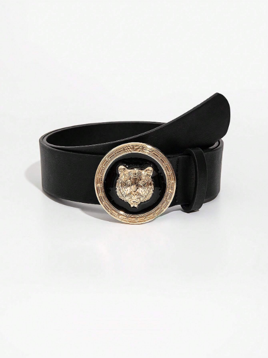 1pc Men Tiger Head Detail Round Buckle Casual Belt For Daily Life