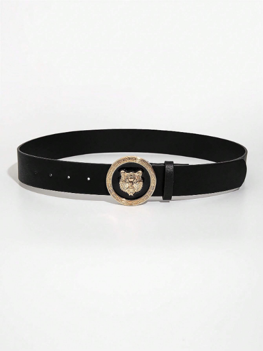 1pc Men Tiger Head Detail Round Buckle Casual Belt For Daily Life