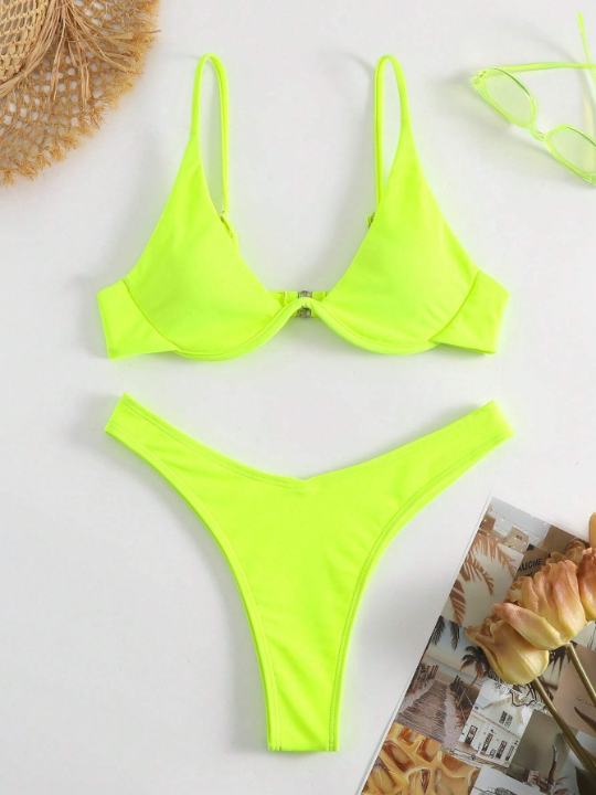 Swim Basics Neon Lime Underwire High Cut Bikini Swimsuit