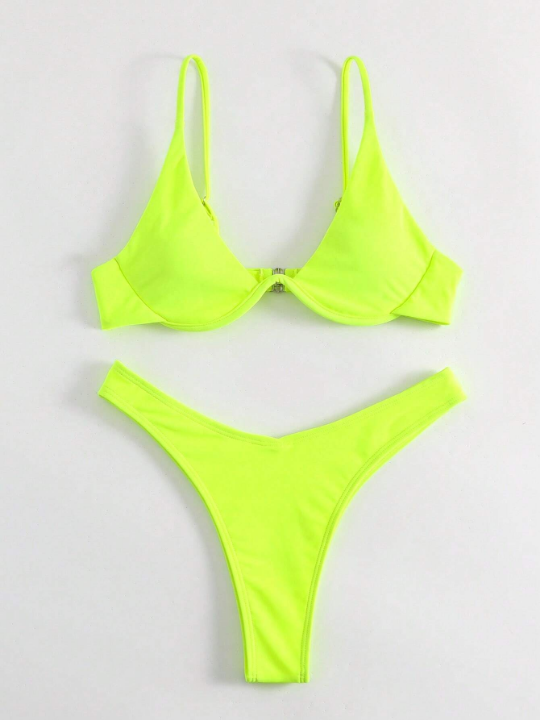 Swim Basics Neon Lime Underwire High Cut Bikini Swimsuit