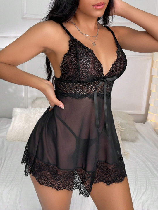 Contrast Lace Mesh Slips With V-string