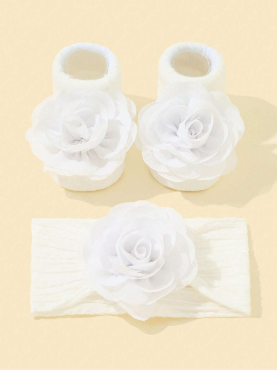 1pair Baby Girls Flower Decor Walking Socks & 1pc Hair Band