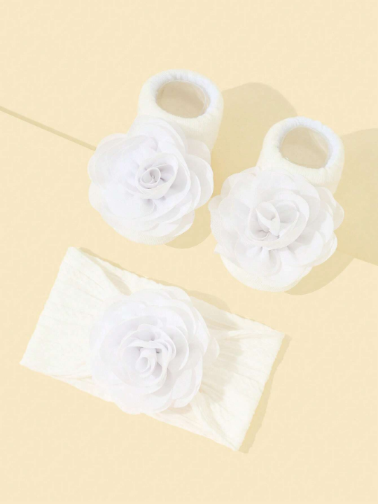 1pair Baby Girls Flower Decor Walking Socks & 1pc Hair Band