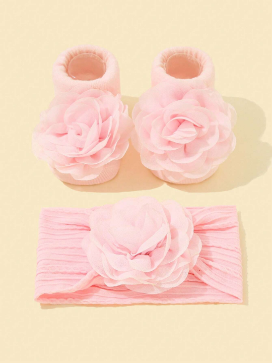 1pair Baby Girls Flower Decor Walking Socks & 1pc Hair Band