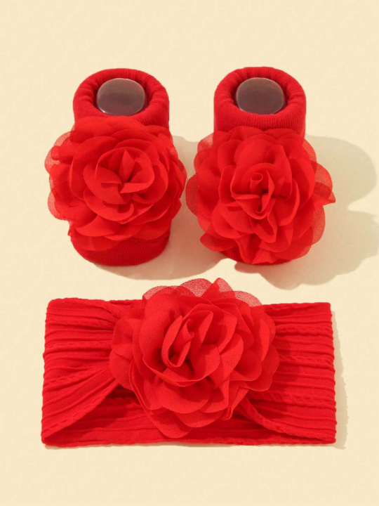 1pair Baby Girls Flower Decor Walking Socks & 1pc Hair Band