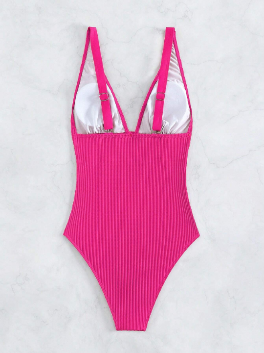 Plain Plunging Neck One Piece Swimsuit