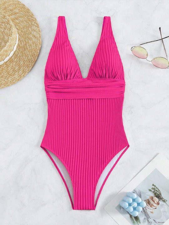 Plain Plunging Neck One Piece Swimsuit