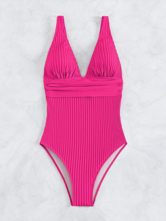 Plain Plunging Neck One Piece Swimsuit