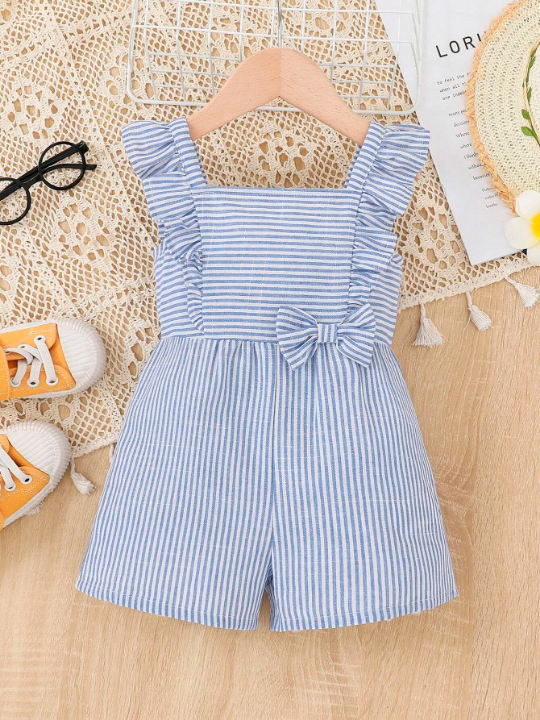 Baby Girl Striped Ruffle Trim Bow Front Romper