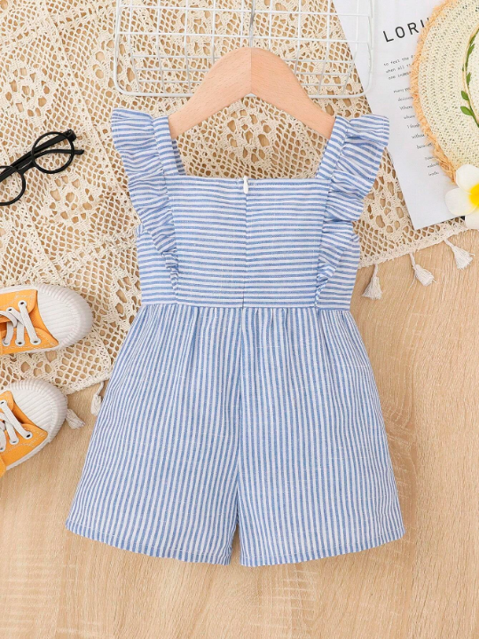 Baby Girl Striped Ruffle Trim Bow Front Romper