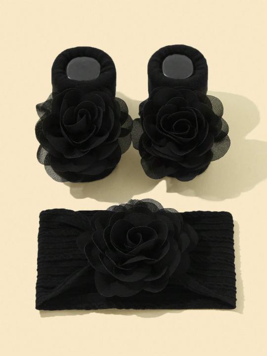 3pcs Baby Girls Flower Decor Headband With Non-slip Walking Socks For Daily Decoration