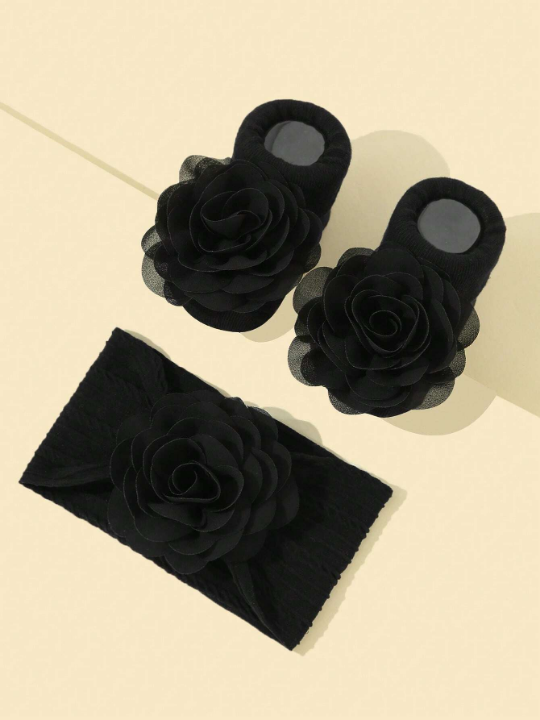 3pcs Baby Girls Flower Decor Headband With Non-slip Walking Socks For Daily Decoration