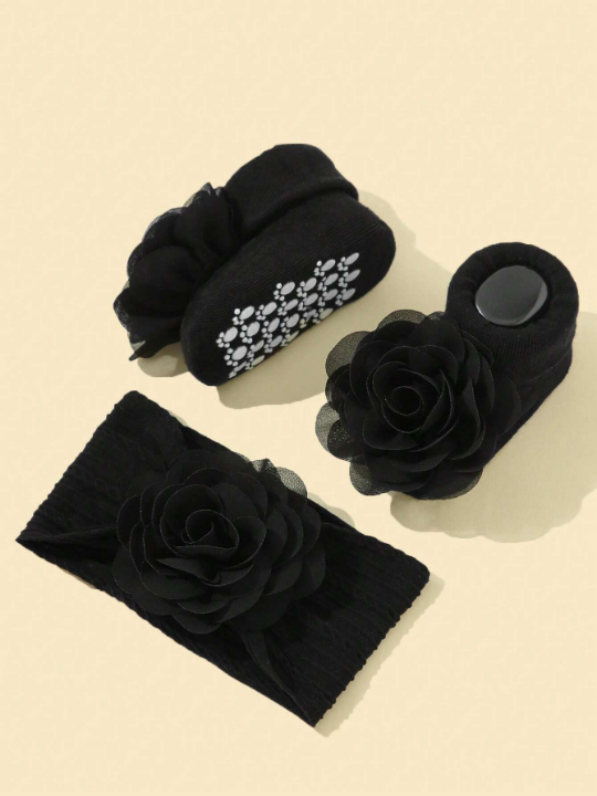 3pcs Baby Girls Flower Decor Headband With Non-slip Walking Socks For Daily Decoration