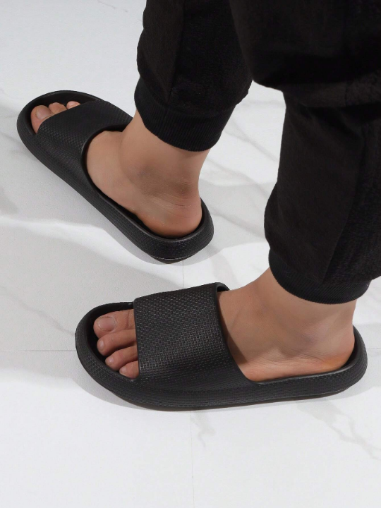 Cool Slides For Men, Texture Embossed Single Band EVA Slippers