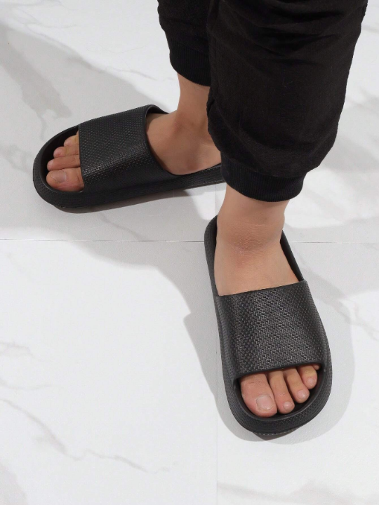 Cool Slides For Men, Texture Embossed Single Band EVA Slippers