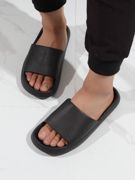 Cool Slides For Men, Texture Embossed Single Band EVA Slippers