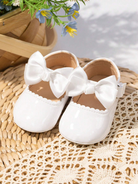 Baby Girls Hook-and-loop Fastener Bow Decor Fashionable Mary Jane Flats For Spring