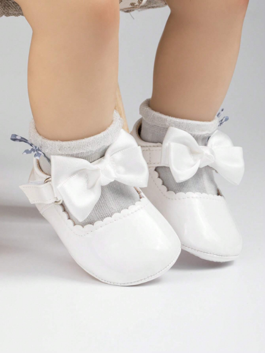 Baby Girls Hook-and-loop Fastener Bow Decor Fashionable Mary Jane Flats For Spring