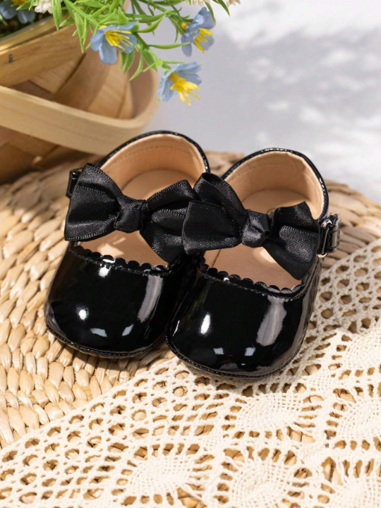 Baby Girls Hook-and-loop Fastener Bow Decor Fashionable Mary Jane Flats For Spring