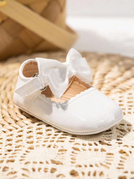 Baby Girls Hook-and-loop Fastener Bow Decor Fashionable Mary Jane Flats For Spring